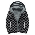 Grey And Black Checkered Pattern Print Sherpa Lined Zip Up Hoodie