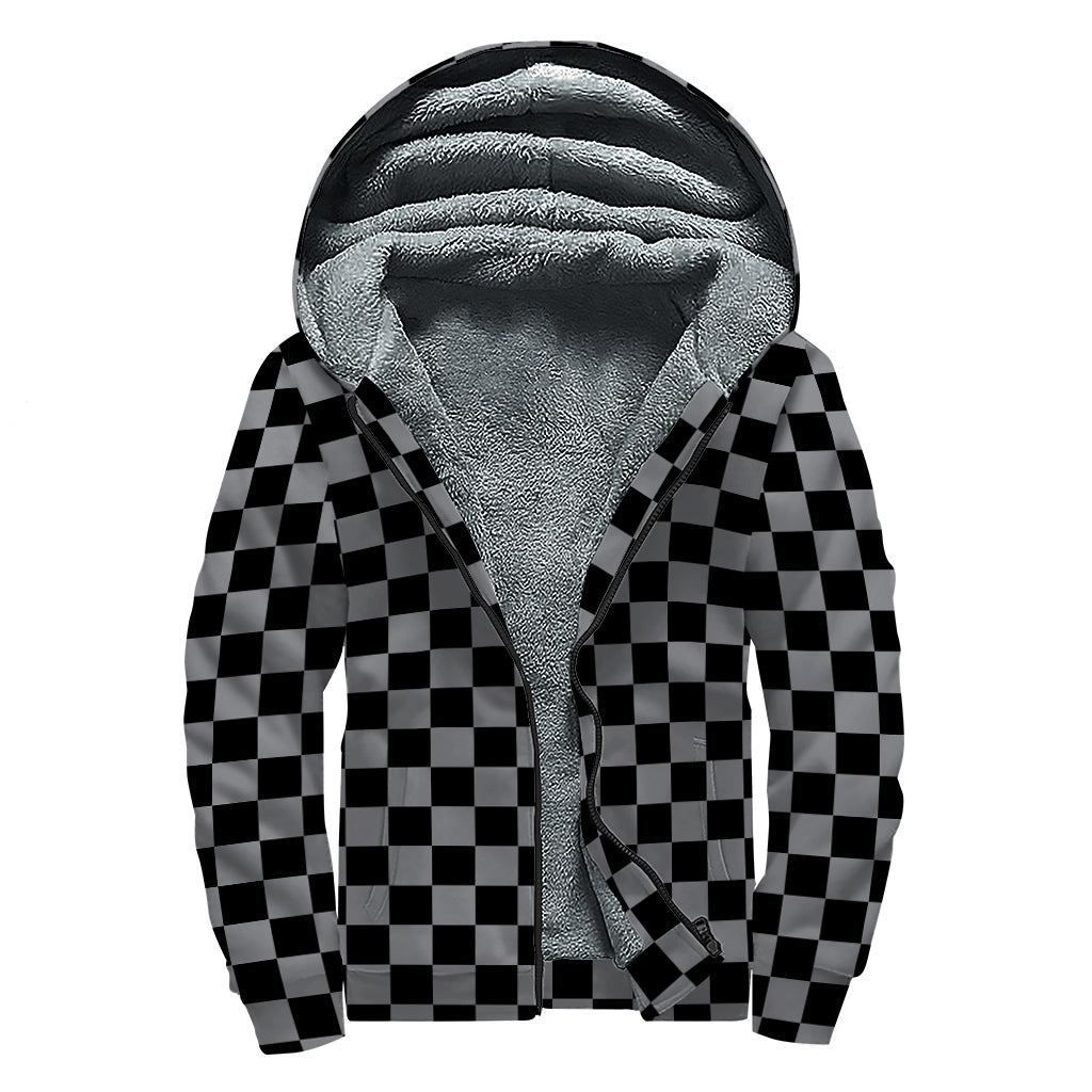 Grey And Black Checkered Pattern Print Sherpa Lined Zip Up Hoodie