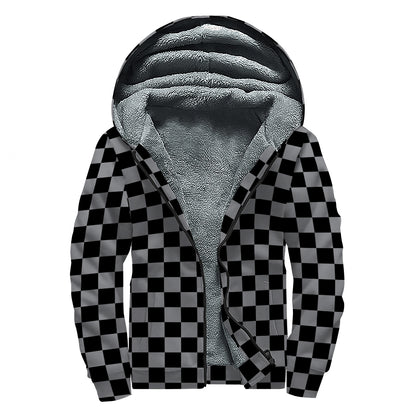 Grey And Black Checkered Pattern Print Sherpa Lined Zip Up Hoodie