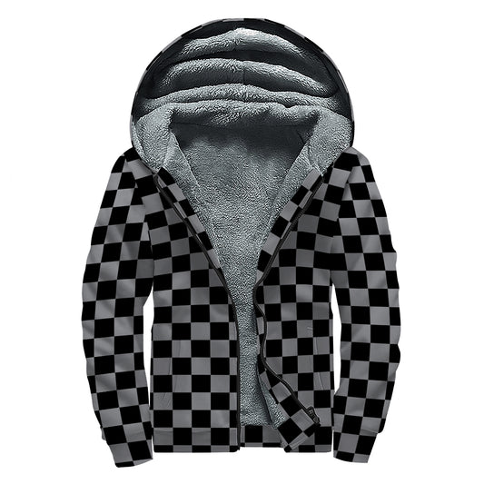 Grey And Black Checkered Pattern Print Sherpa Lined Zip Up Hoodie