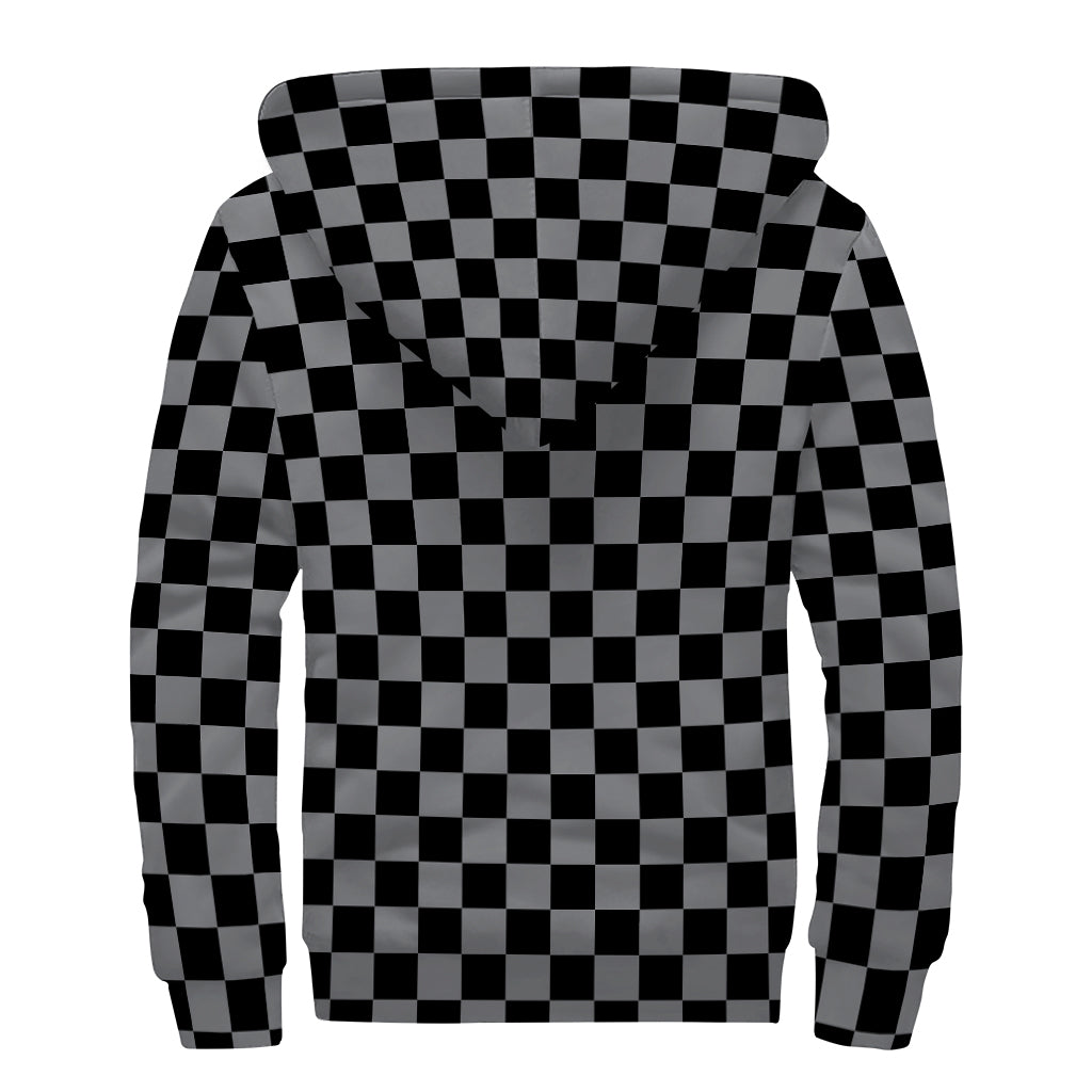 Grey And Black Checkered Pattern Print Sherpa Lined Zip Up Hoodie