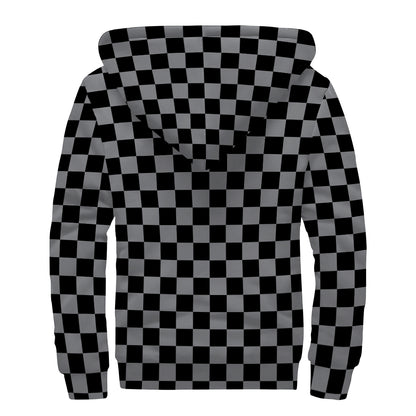 Grey And Black Checkered Pattern Print Sherpa Lined Zip Up Hoodie
