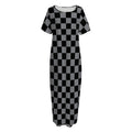 Grey And Black Checkered Pattern Print Short Sleeve Long Nightdress
