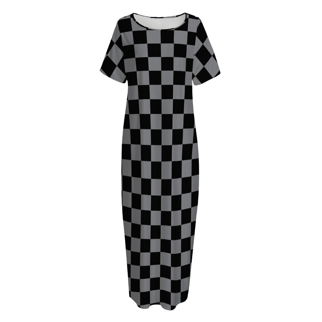 Grey And Black Checkered Pattern Print Short Sleeve Long Nightdress