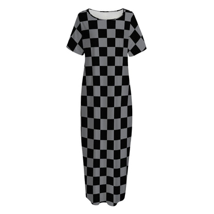 Grey And Black Checkered Pattern Print Short Sleeve Long Nightdress