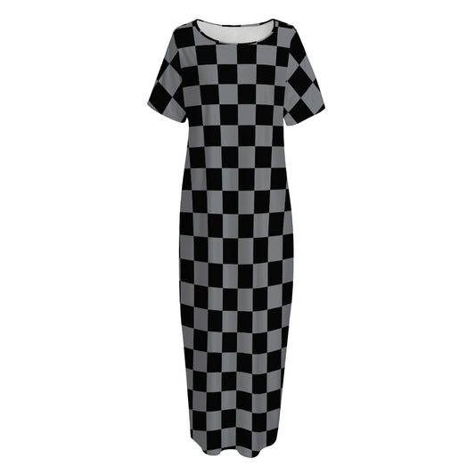 Grey And Black Checkered Pattern Print Short Sleeve Long Nightdress