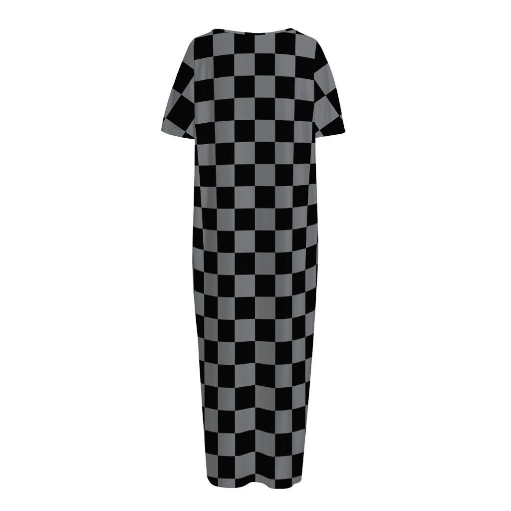 Grey And Black Checkered Pattern Print Short Sleeve Long Nightdress
