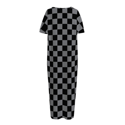 Grey And Black Checkered Pattern Print Short Sleeve Long Nightdress