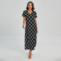 Grey And Black Checkered Pattern Print Short Sleeve Maxi Dress