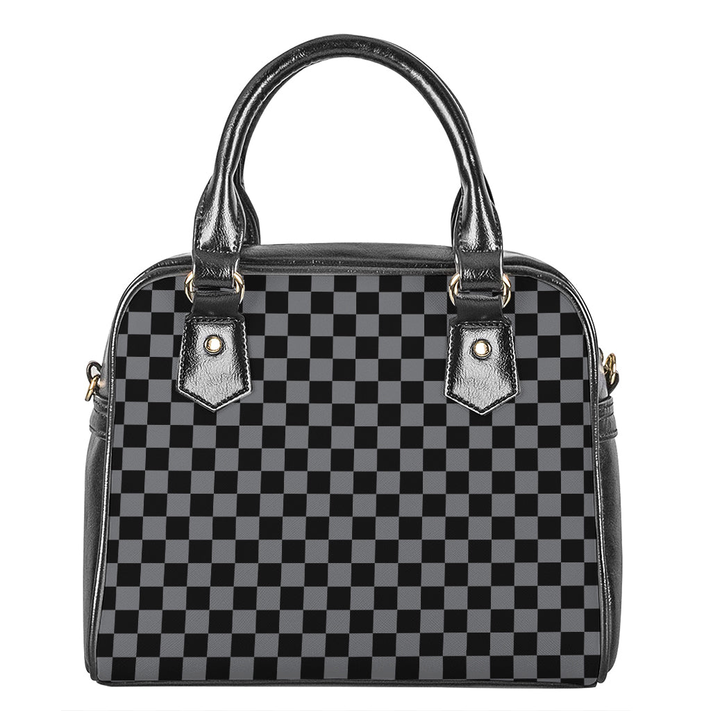 Grey And Black Checkered Pattern Print Shoulder Handbag