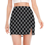 Grey And Black Checkered Pattern Print Side Slit Mini Skirt