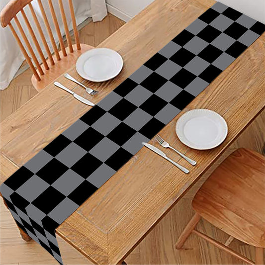 Grey And Black Checkered Pattern Print Table Runner