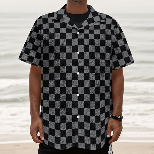 Grey And Black Checkered Pattern Print Textured Short Sleeve Shirt