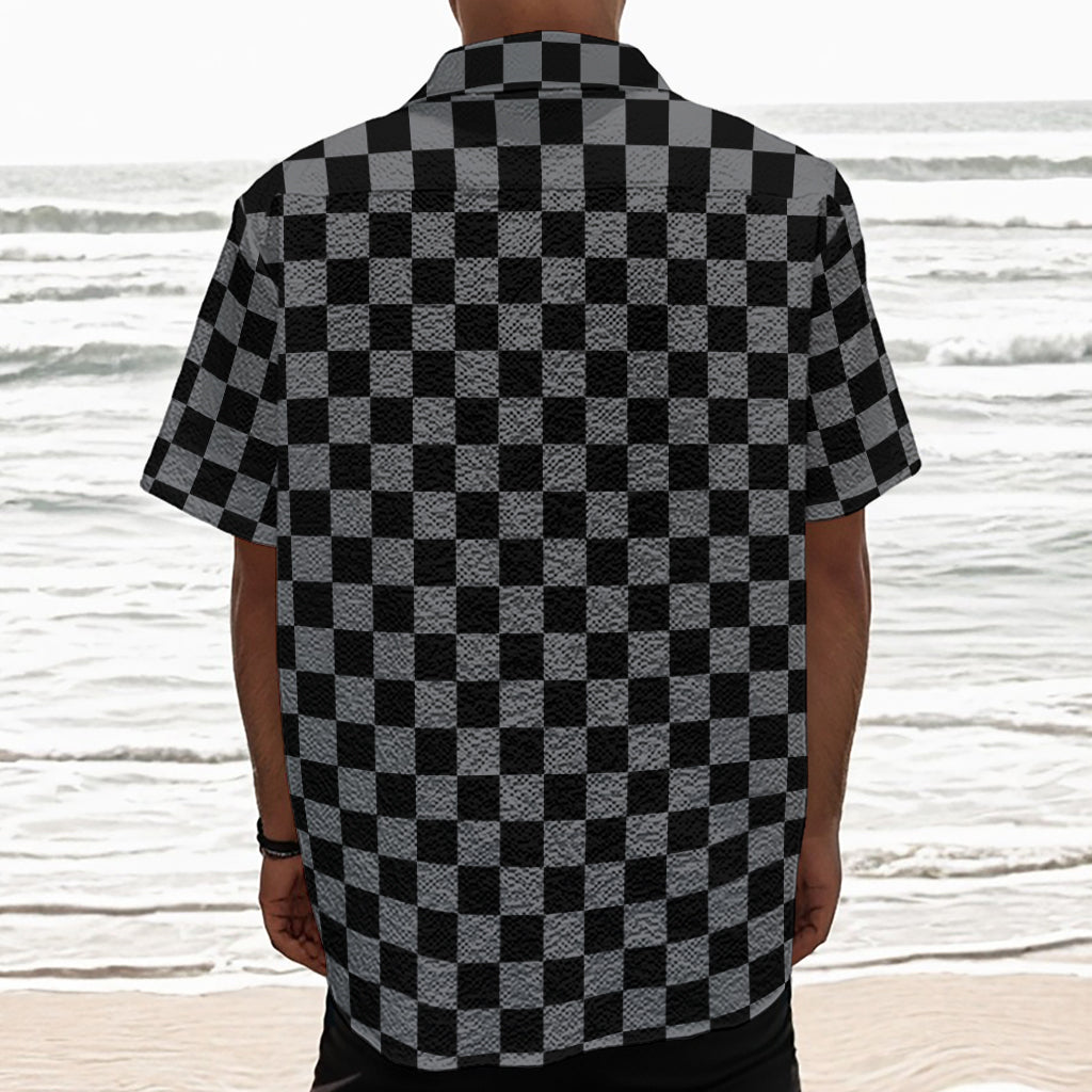 Grey And Black Checkered Pattern Print Textured Short Sleeve Shirt