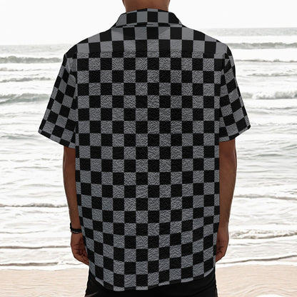 Grey And Black Checkered Pattern Print Textured Short Sleeve Shirt