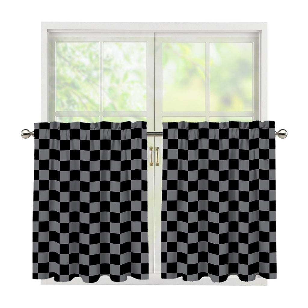 Grey And Black Checkered Pattern Print Tier Curtains