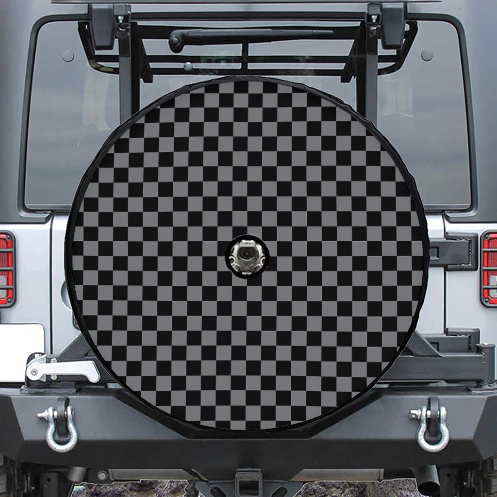 Grey And Black Checkered Pattern Print Tire Cover With Camera Hole