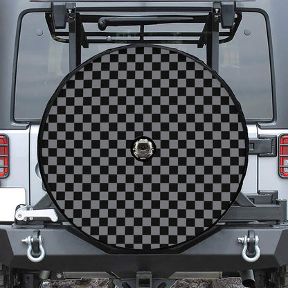 Grey And Black Checkered Pattern Print Tire Cover With Camera Hole