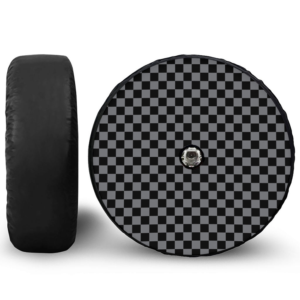 Grey And Black Checkered Pattern Print Tire Cover With Camera Hole