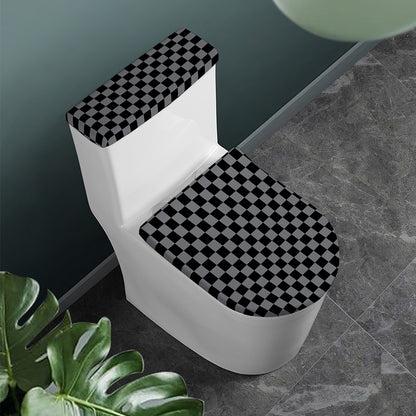 Grey And Black Checkered Pattern Print Toilet Lid And Tank Cover Set