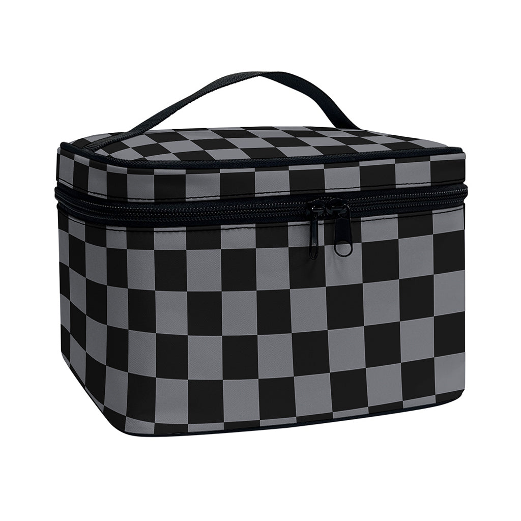Grey And Black Checkered Pattern Print Travel Makeup Bag