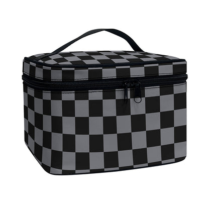 Grey And Black Checkered Pattern Print Travel Makeup Bag