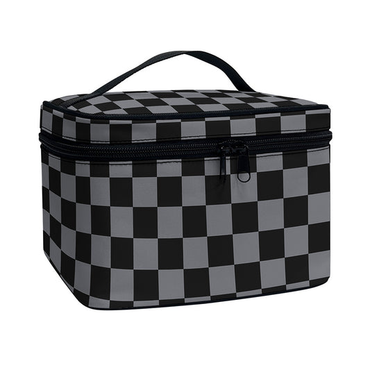 Grey And Black Checkered Pattern Print Travel Makeup Bag