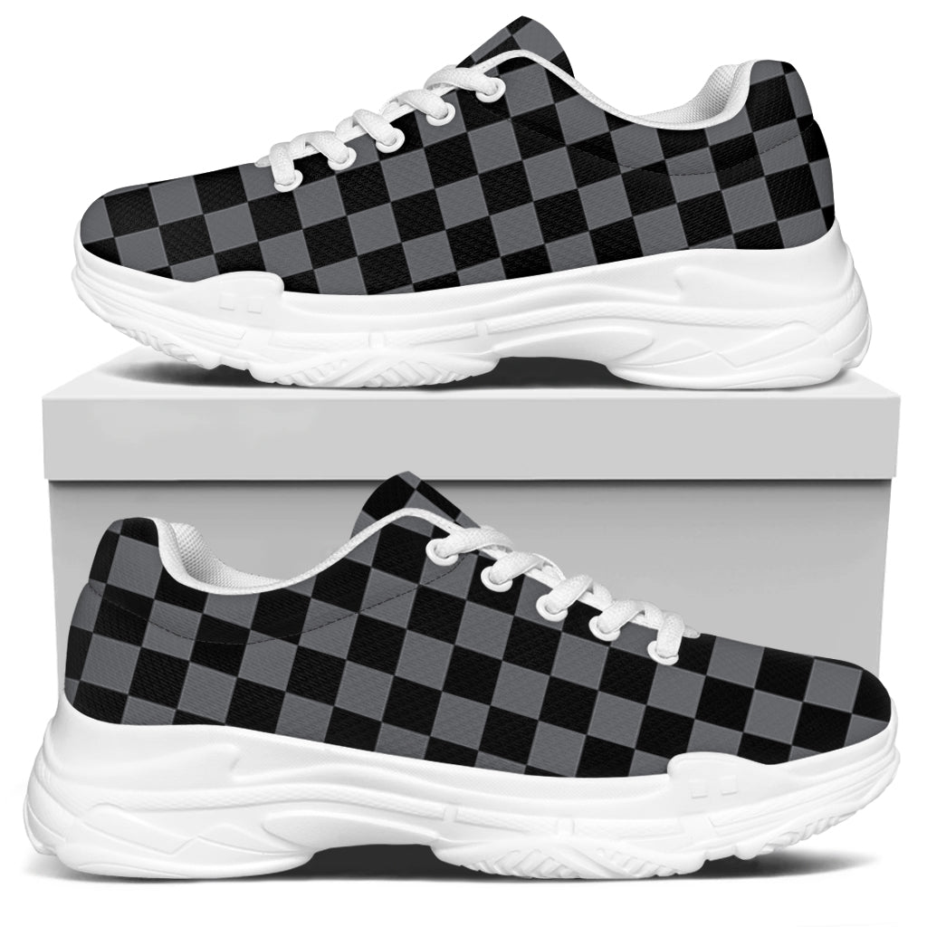 Grey And Black Checkered Pattern Print White Chunky Shoes
