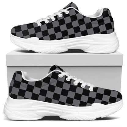 Grey And Black Checkered Pattern Print White Chunky Shoes
