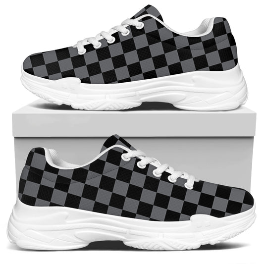 Grey And Black Checkered Pattern Print White Chunky Shoes