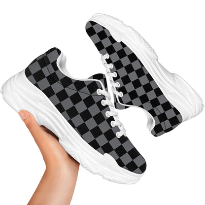 Grey And Black Checkered Pattern Print White Chunky Shoes
