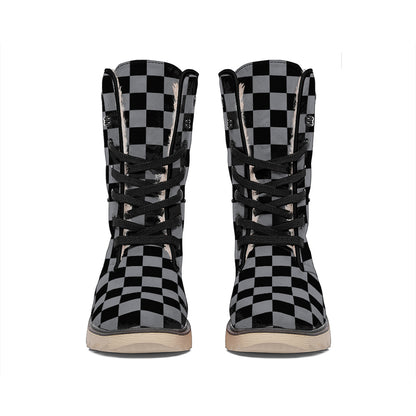 Grey And Black Checkered Pattern Print Winter Boots