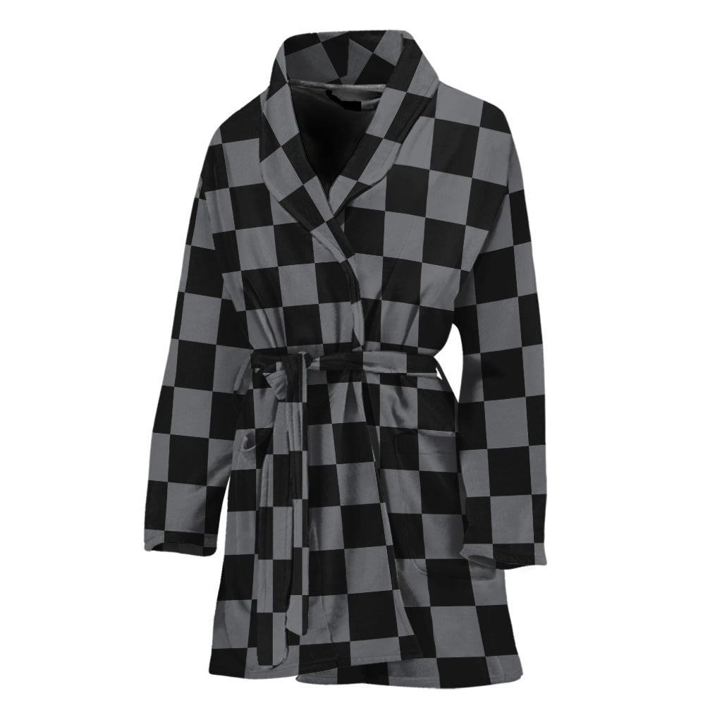 Grey And Black Checkered Pattern Print Women's Bathrobe