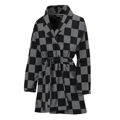 Grey And Black Checkered Pattern Print Women's Bathrobe