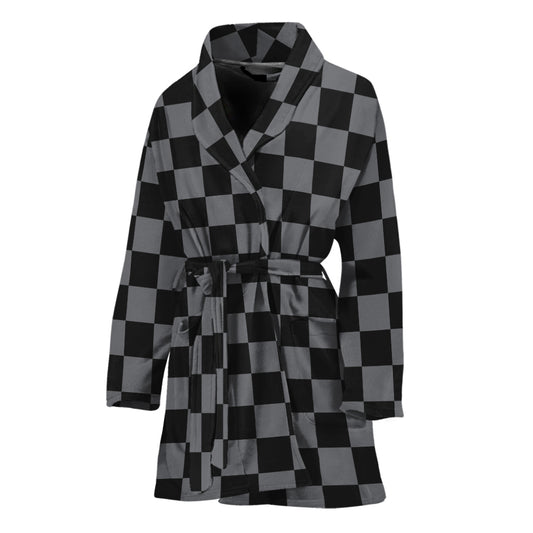 Grey And Black Checkered Pattern Print Women's Bathrobe