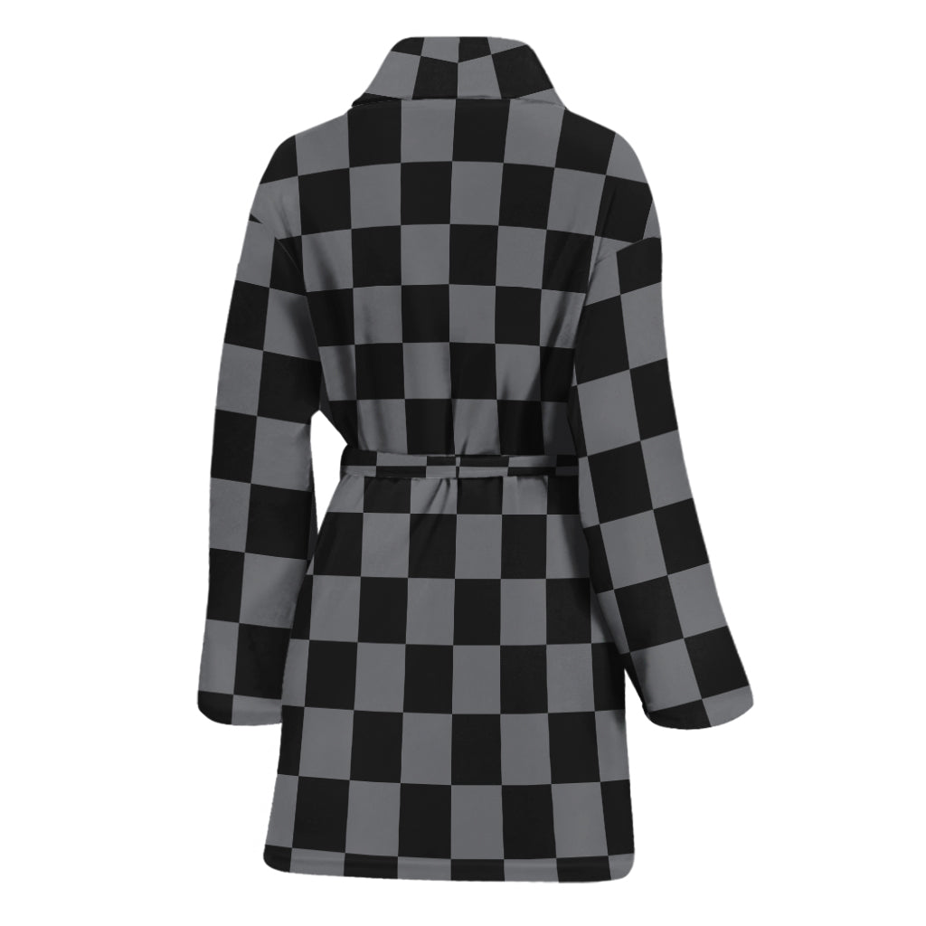 Grey And Black Checkered Pattern Print Women's Bathrobe