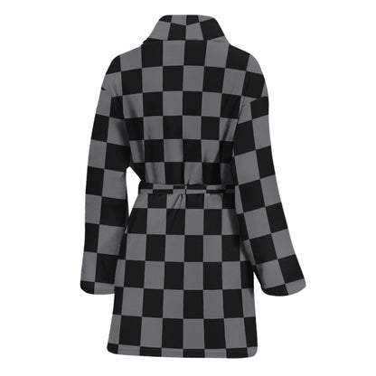 Grey And Black Checkered Pattern Print Women's Bathrobe