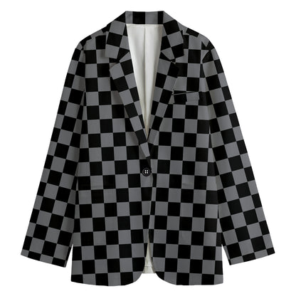 Grey And Black Checkered Pattern Print Women's Blazer
