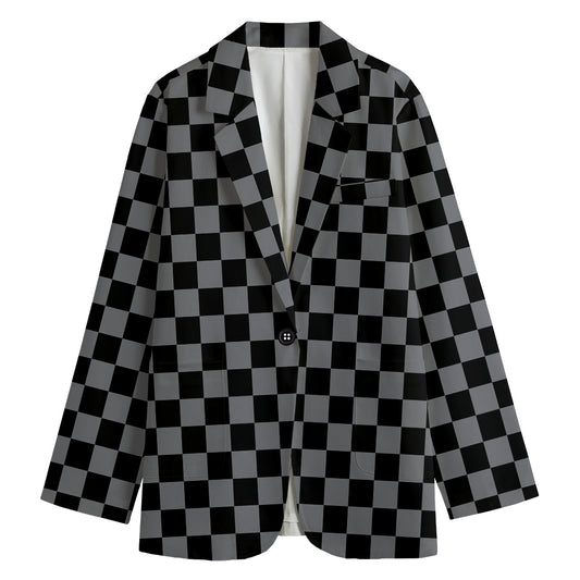 Grey And Black Checkered Pattern Print Women's Blazer