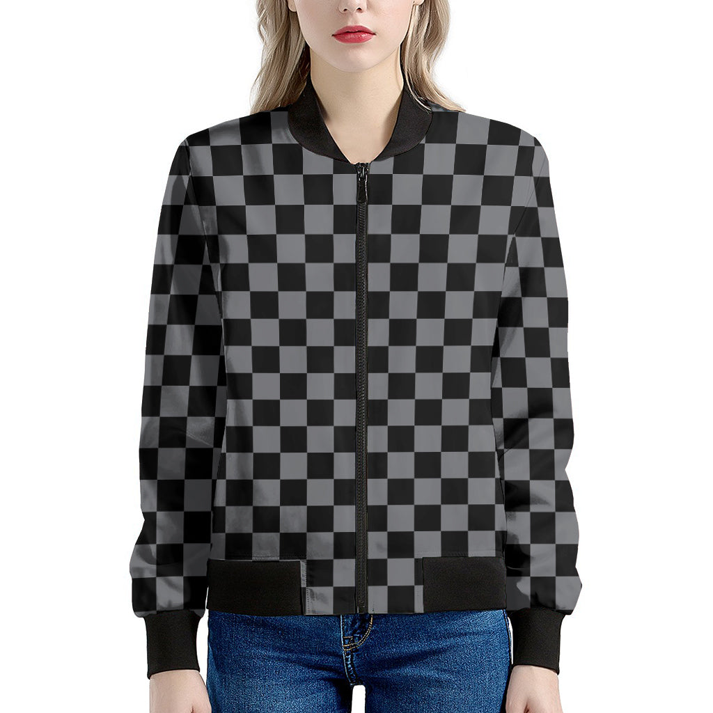 Grey And Black Checkered Pattern Print Women's Bomber Jacket