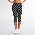 Grey And Black Checkered Pattern Print Women's Capri Leggings