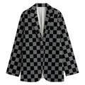 Grey And Black Checkered Pattern Print Women's Cotton Blazer
