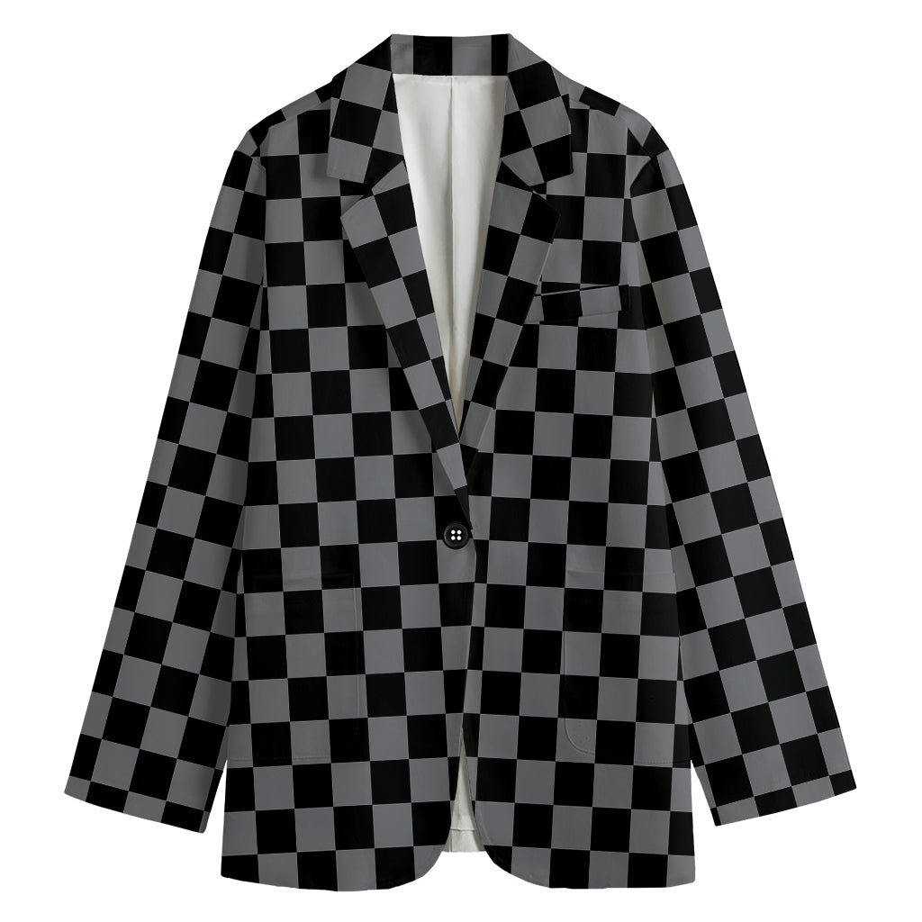 Grey And Black Checkered Pattern Print Women's Cotton Blazer