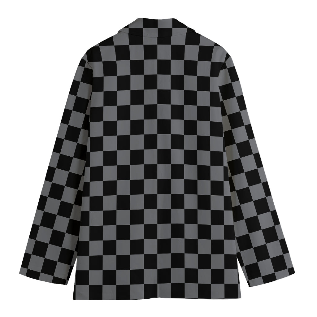 Grey And Black Checkered Pattern Print Women's Cotton Blazer