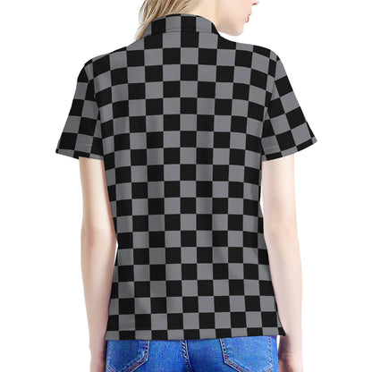 Grey And Black Checkered Pattern Print Women's Polo Shirt