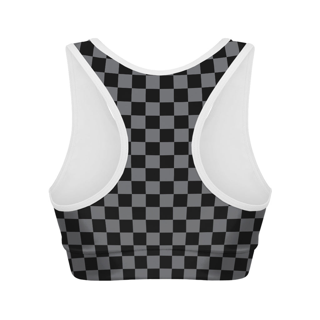 Grey And Black Checkered Pattern Print Women's Sports Bra