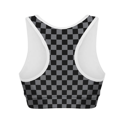 Grey And Black Checkered Pattern Print Women's Sports Bra