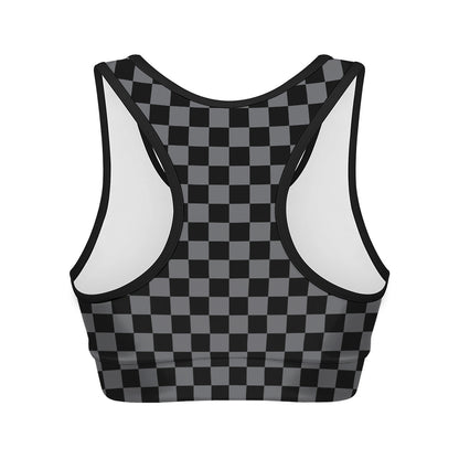 Grey And Black Checkered Pattern Print Women's Sports Bra