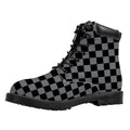 Grey And Black Checkered Pattern Print Padded Collar Lace Up Boots