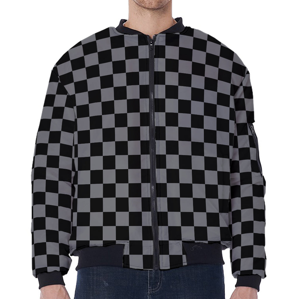Grey And Black Checkered Pattern Print Zip Sleeve Bomber Jacket